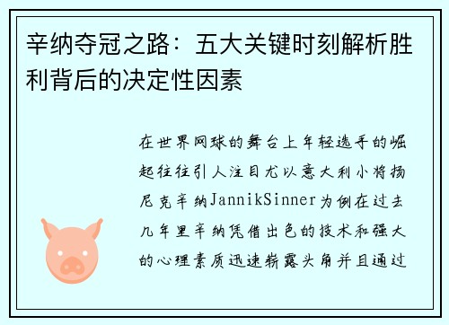 辛纳夺冠之路：五大关键时刻解析胜利背后的决定性因素