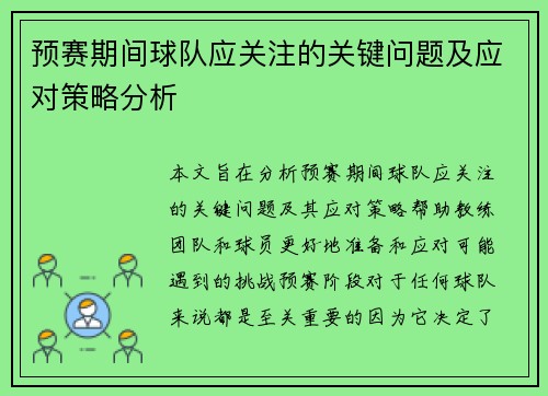 预赛期间球队应关注的关键问题及应对策略分析