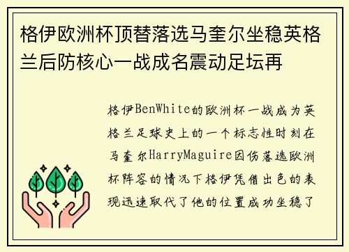 格伊欧洲杯顶替落选马奎尔坐稳英格兰后防核心一战成名震动足坛再
